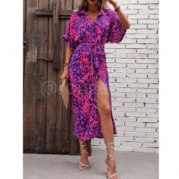 Spotted All Over Print Button Through Tie Belt Ruched Maxi Shirt Dress Blue Pink - Picture 6 of 10
